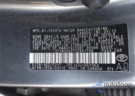 2012 Toyota Corolla S z USA, uszkodzony, nr VIN 2T1BU4EE7CC841798